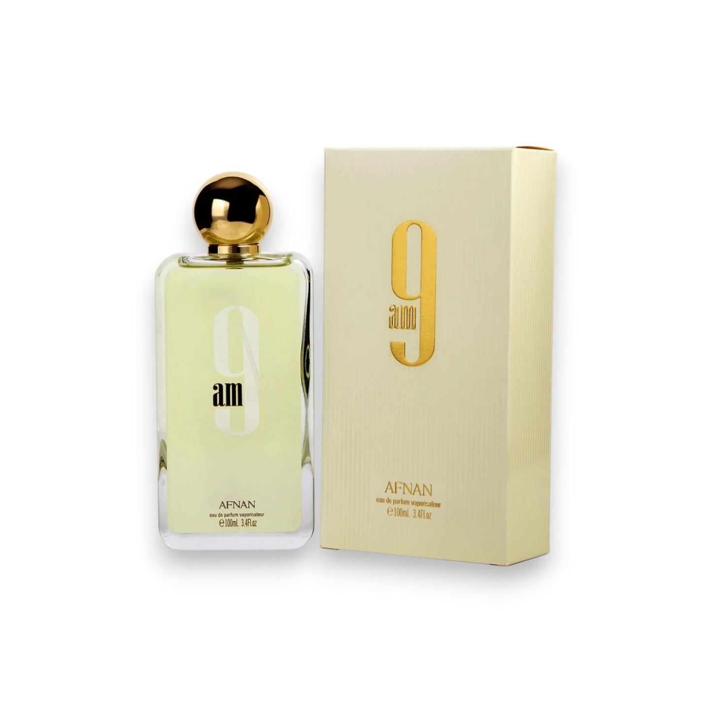 9am by Afnan perfume bottle and packaging on a white background
