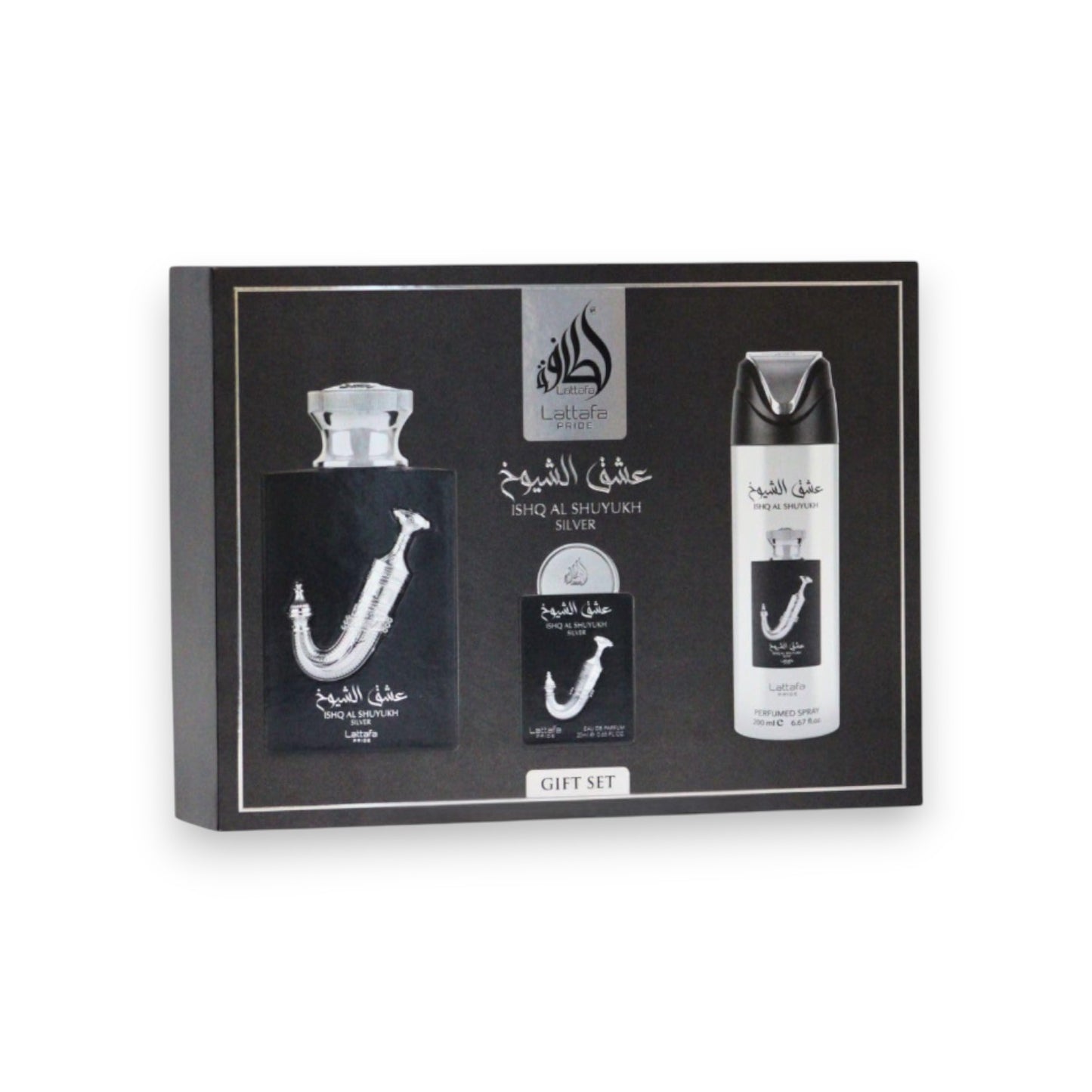 Perfume gift set with bottles and packaging on a white background