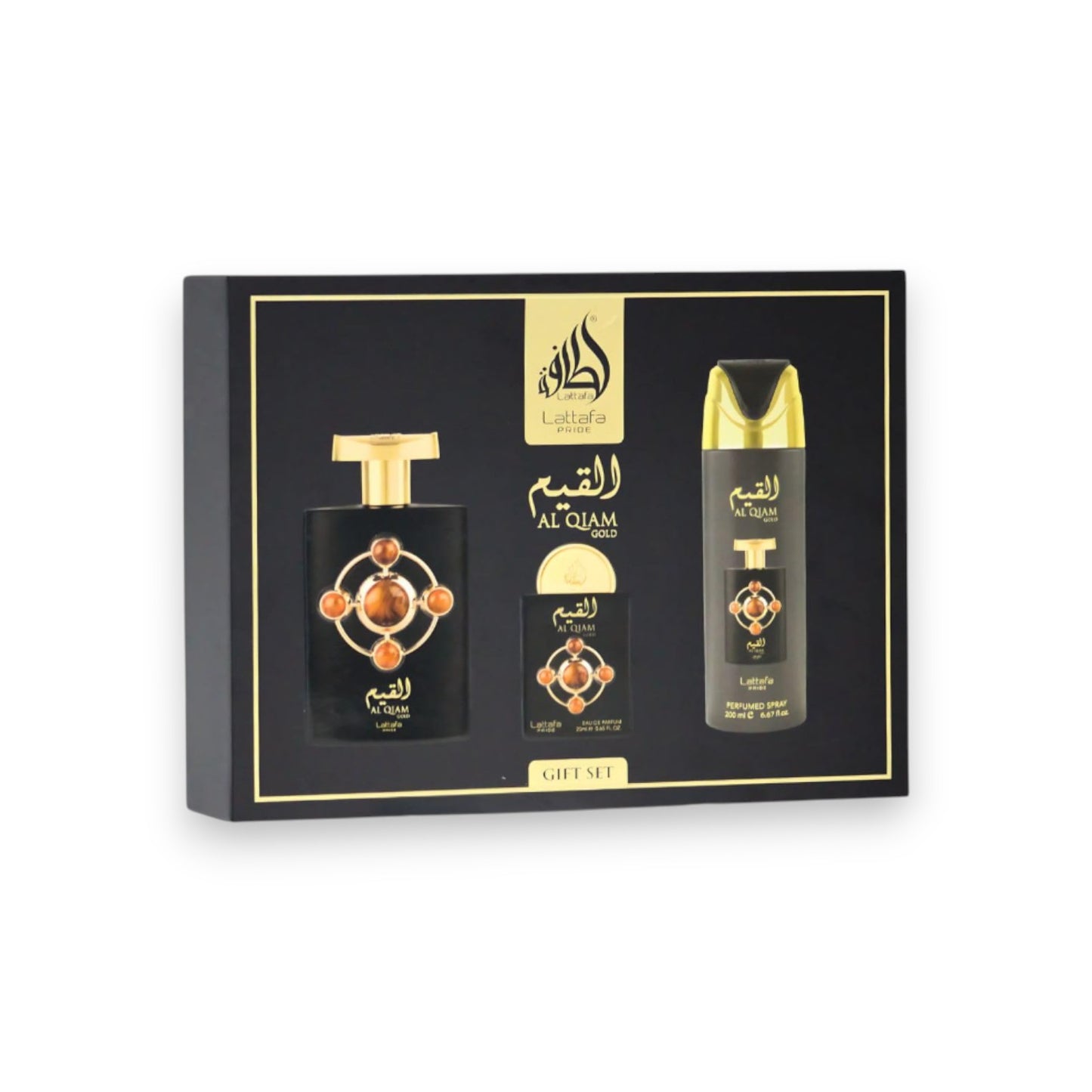 Lattafa Al Qiam perfume set with three bottles in a black box on a white background