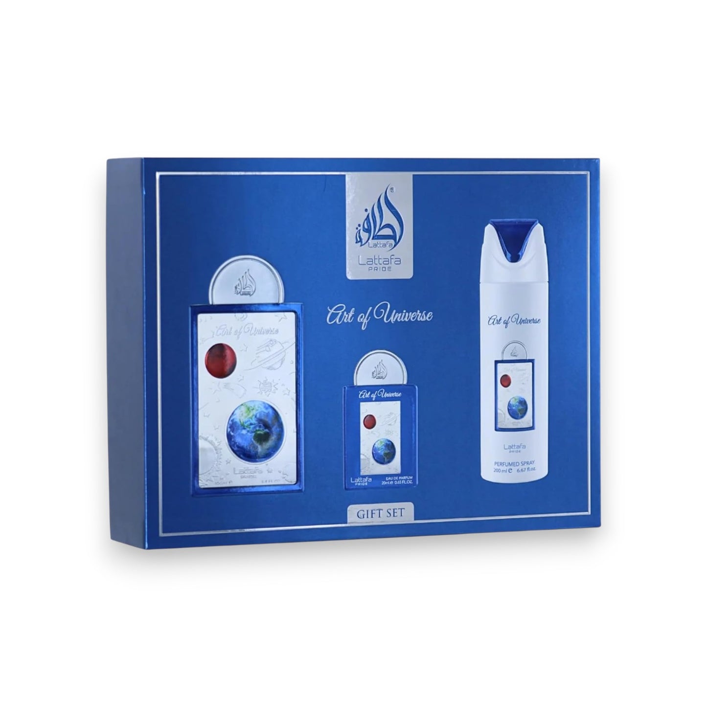 Cosmetic gift set with bottles and packaging on a white background