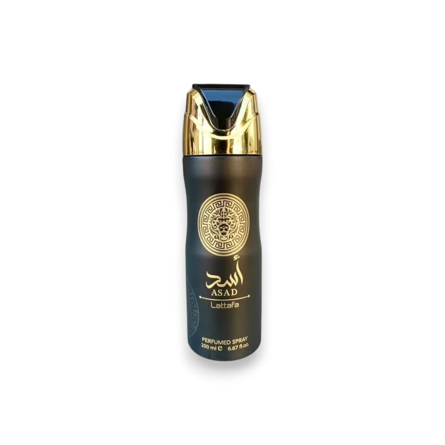 Perfume spray bottle with gold cap and black body on a white background