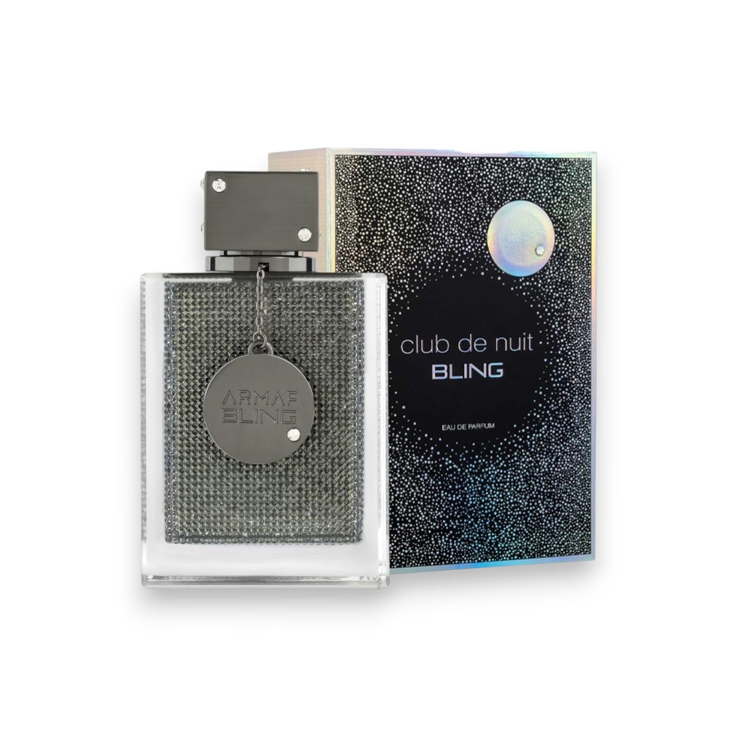 Perfume bottle with packaging labeled 'club de nuit BLING' on a white background