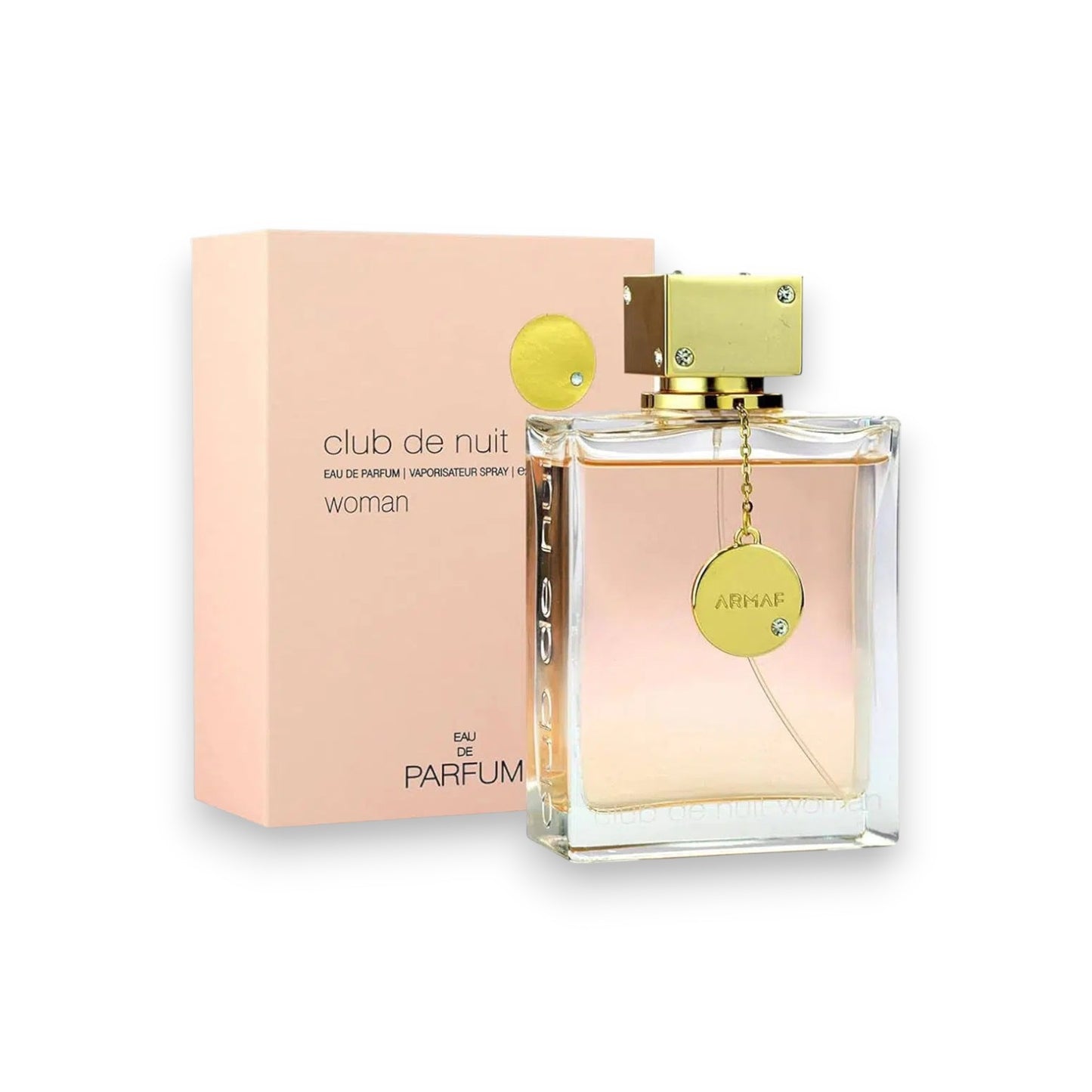 Perfume bottle and packaging of 'club de nuit woman' on a white background