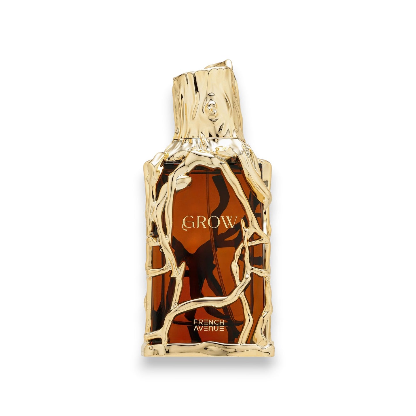 Gold and brown Grow by french avenue perfume bottle on a white background