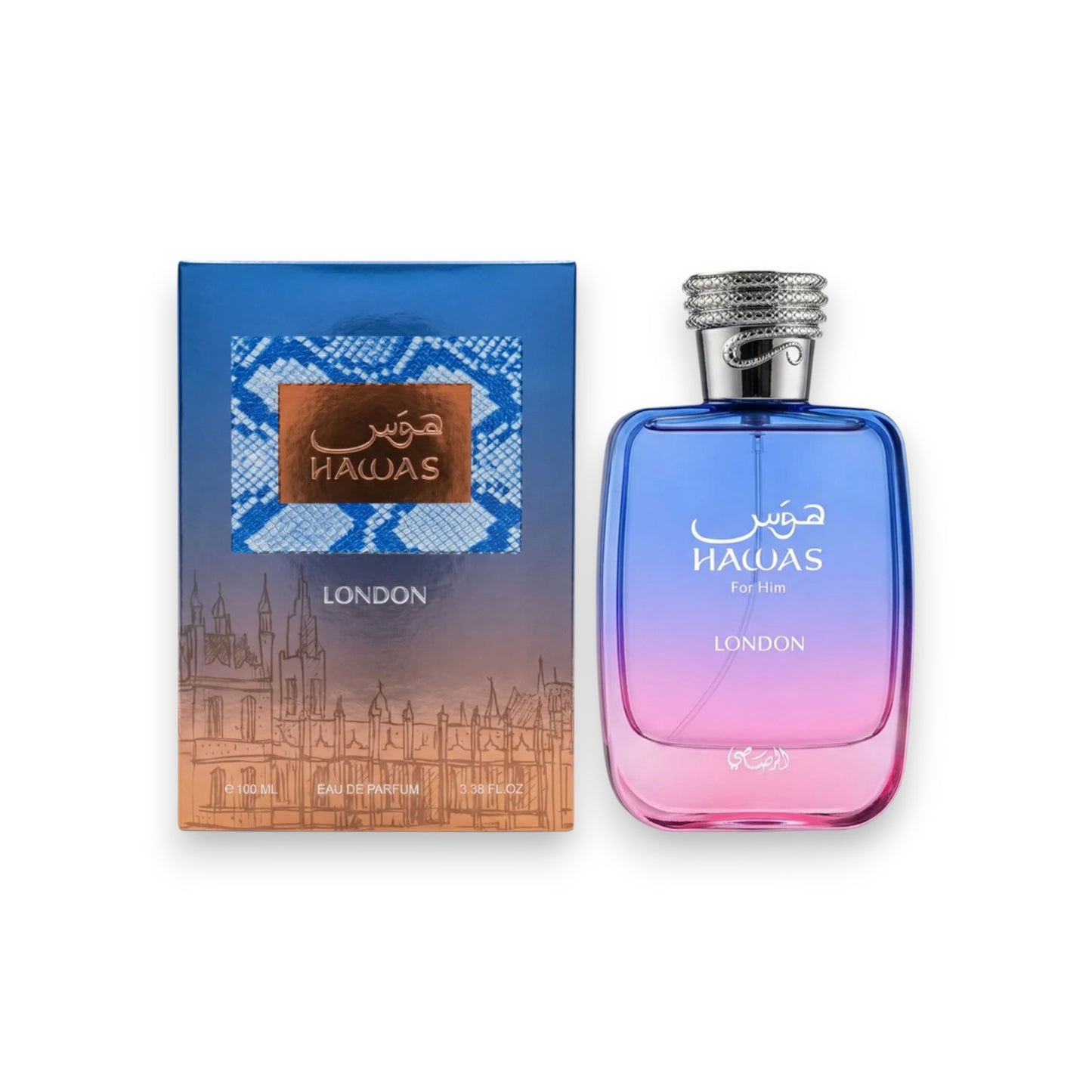 Hawas london perfume bottle and packaging on a white background