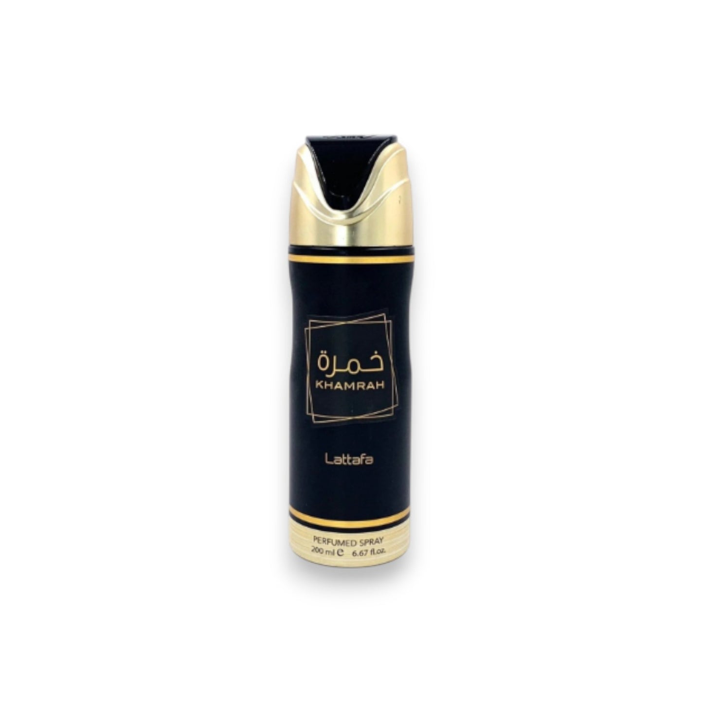 Black and gold perfume bottle with 'Khamrah' branding on a white background
