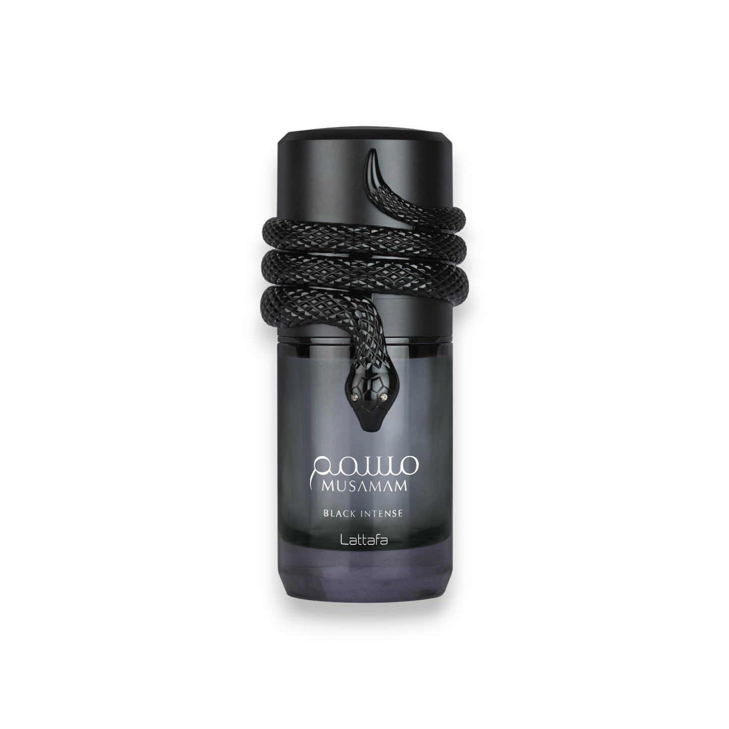 musamam black intense, Perfume bottle with braided design on a white background