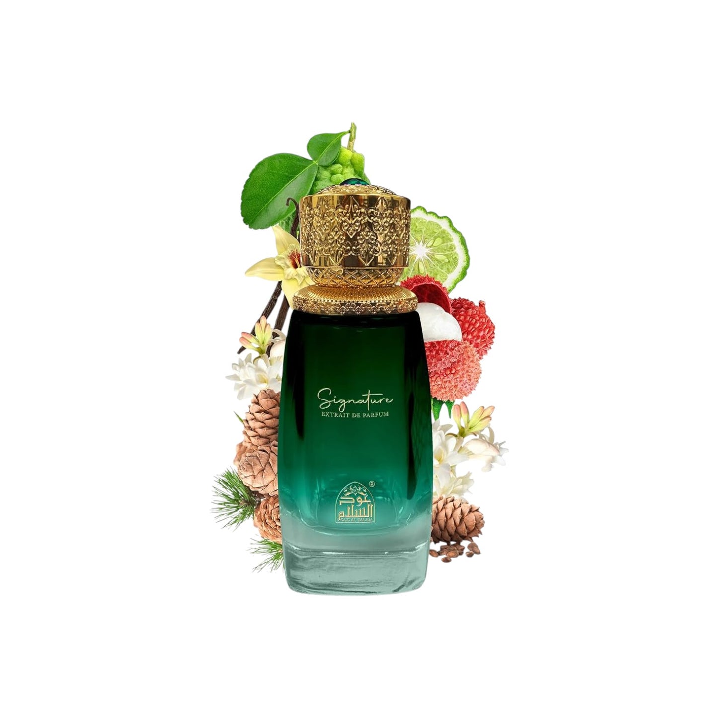 Green perfume bottle with decorative elements on a white background