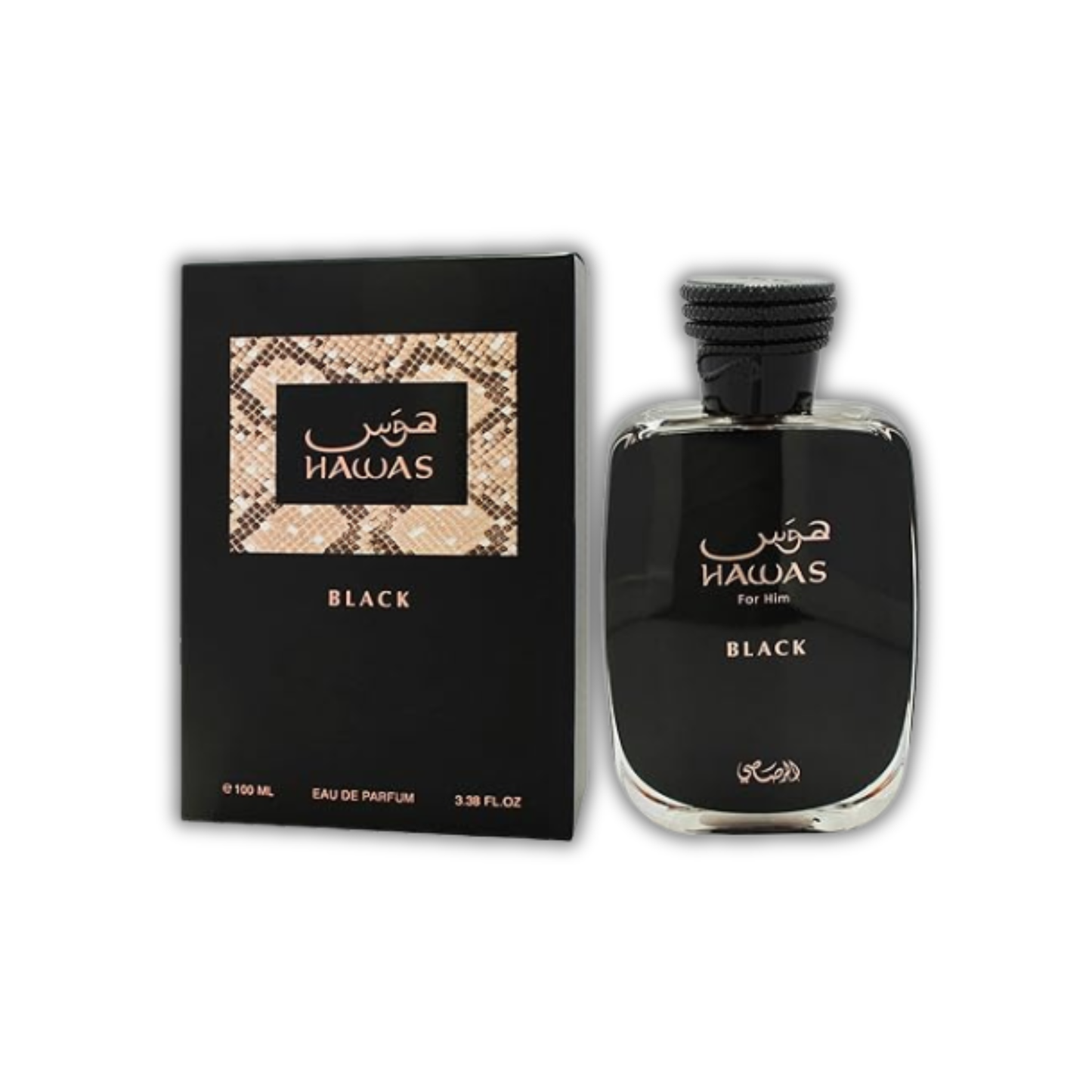 Rasasi Hawas Black for Men, Eau de Parfum, perfume for men, sleek black perfume bottle and box