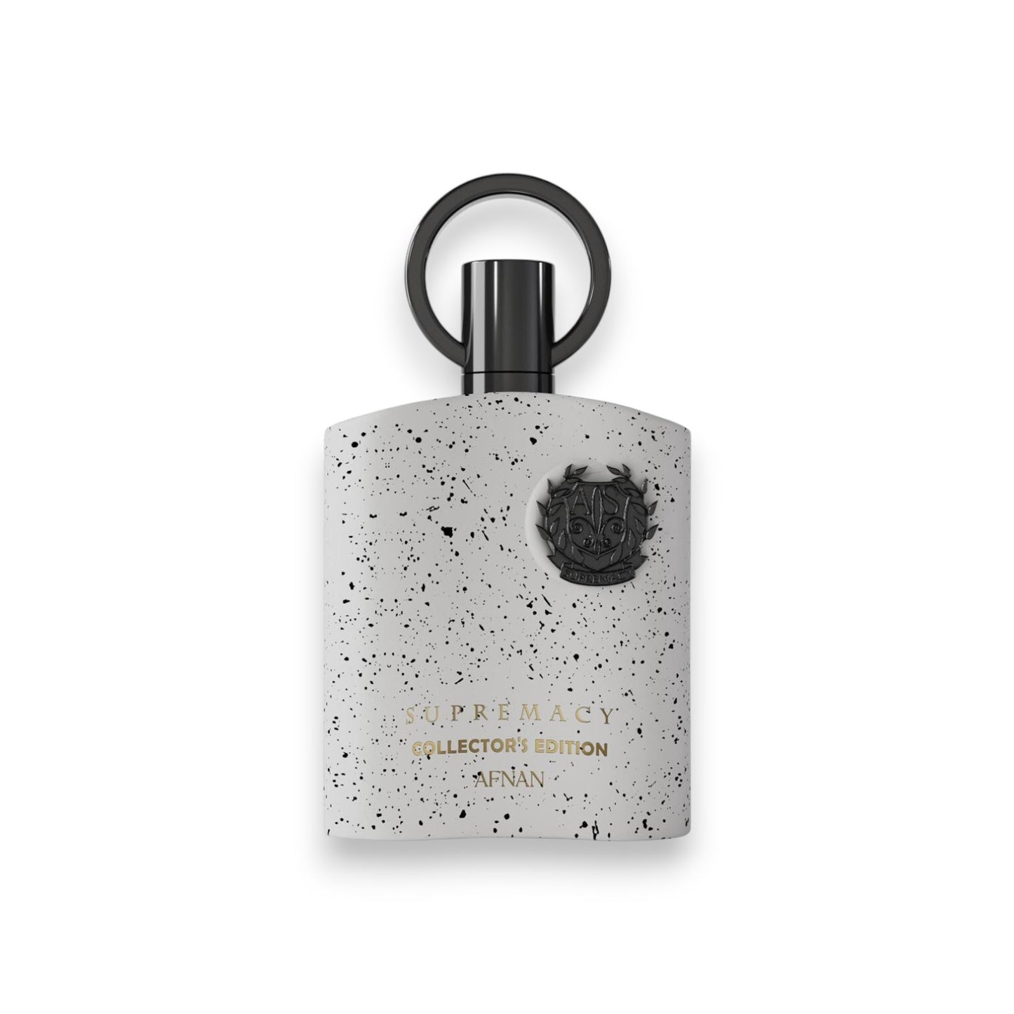 Perfume bottle with speckled design and black cap on a white background