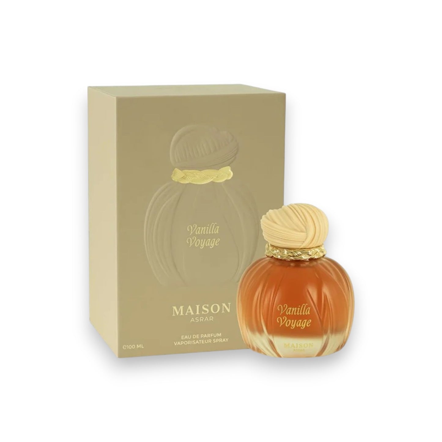 Perfume bottle and packaging of 'Vanilla Voyage' by Maison Asrar on a white background