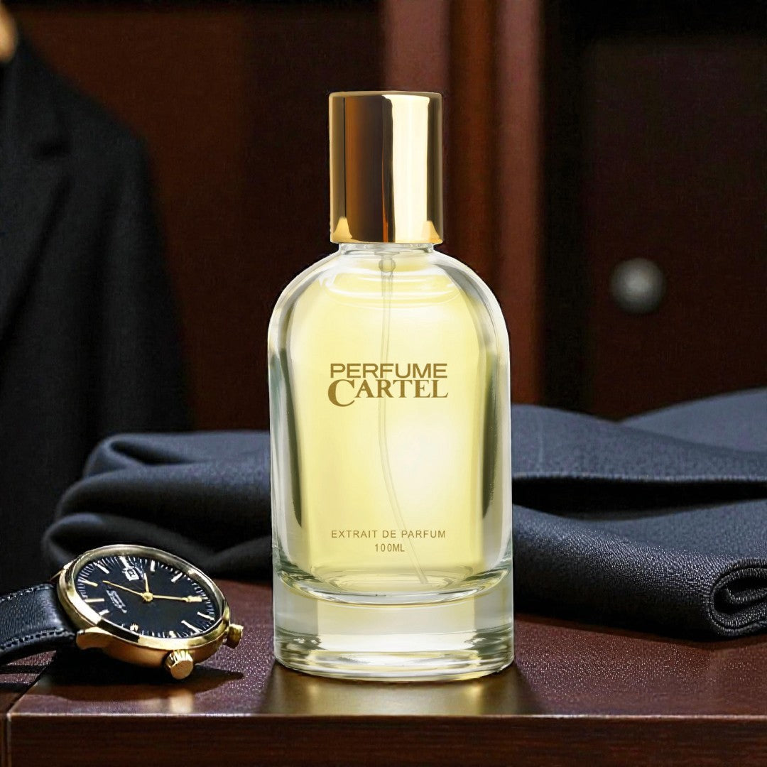 Perfume Cartel bottle with a watch on a wooden surface
