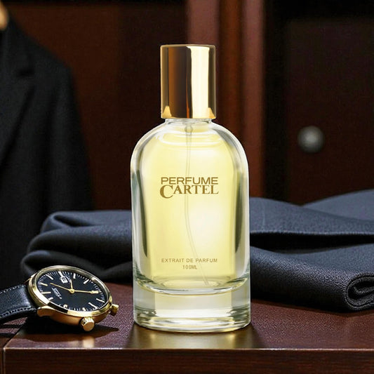 Perfume Cartel bottle with a watch on a wooden surface