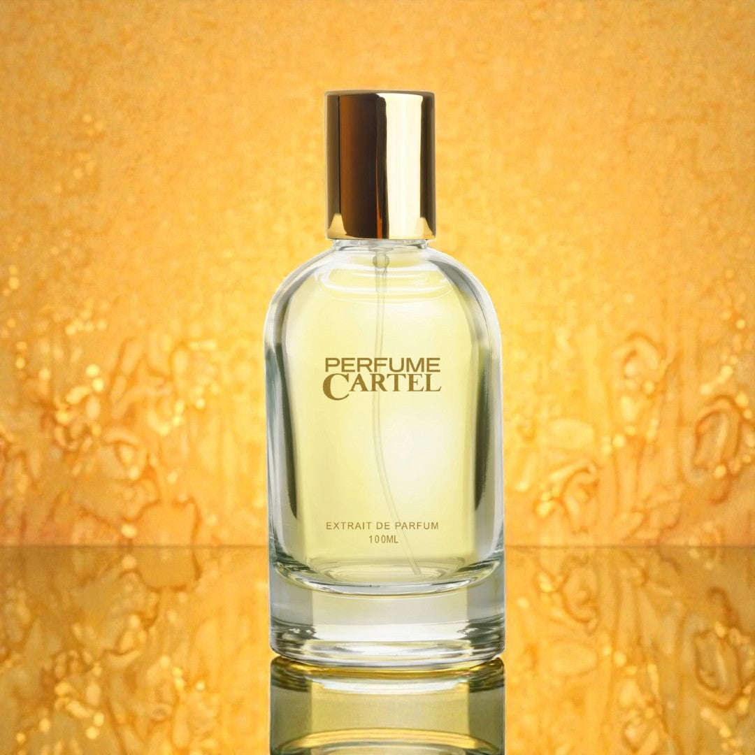 Perfume Cartel bottle on a textured orange background