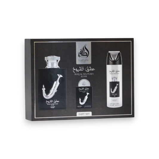 Perfume gift set with bottles and packaging on a white background