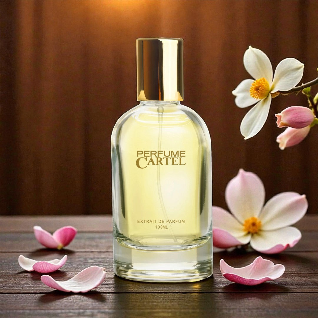 Perfume Cartel bottle with flowers on a wooden surface