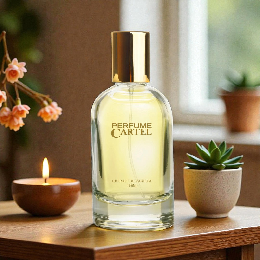 Perfume Cartel bottle on a wooden table with a candle and plant in the background