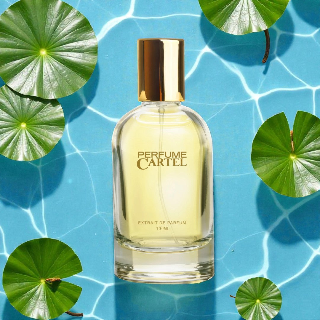 Perfume Cartel bottle on a blue water lily leaf pattern