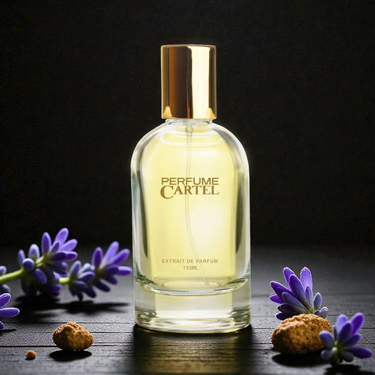 Perfume Cartel bottle with gold cap on a dark surface with lavender flowers