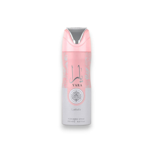 Deodorant spray bottle with pink top and white label on a white background