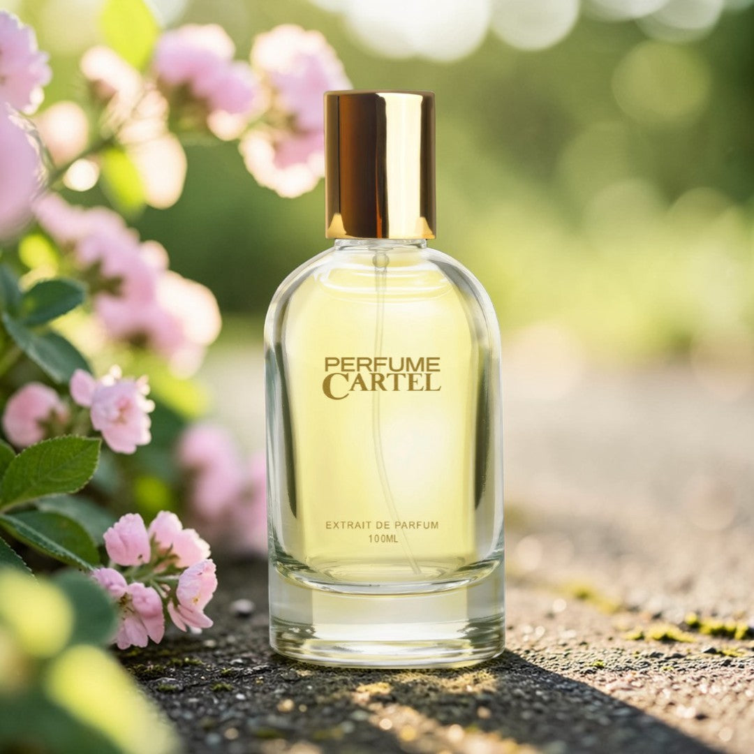 Perfume Cartel bottle with a gold cap on a natural background