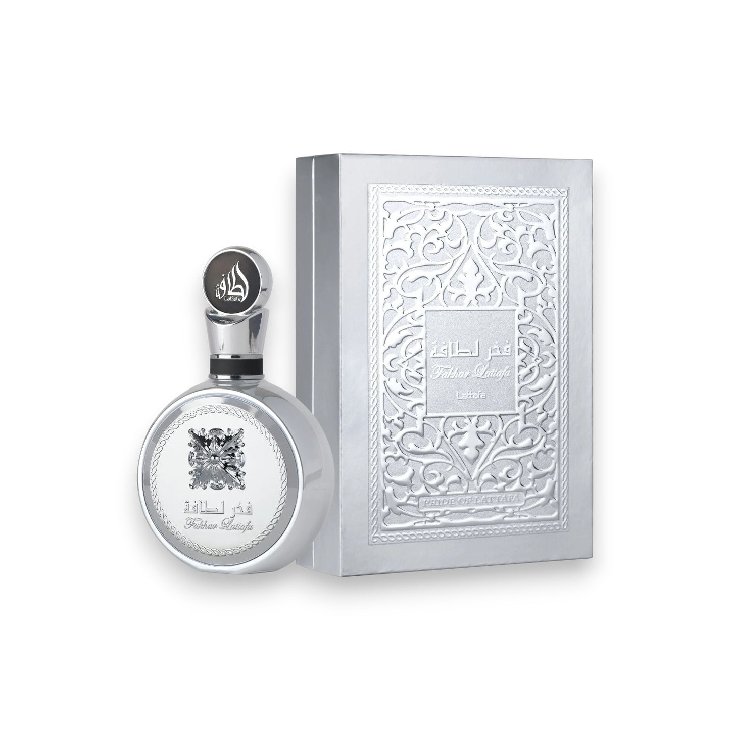 Silver perfume bottle and packaging with intricate designs on a white background