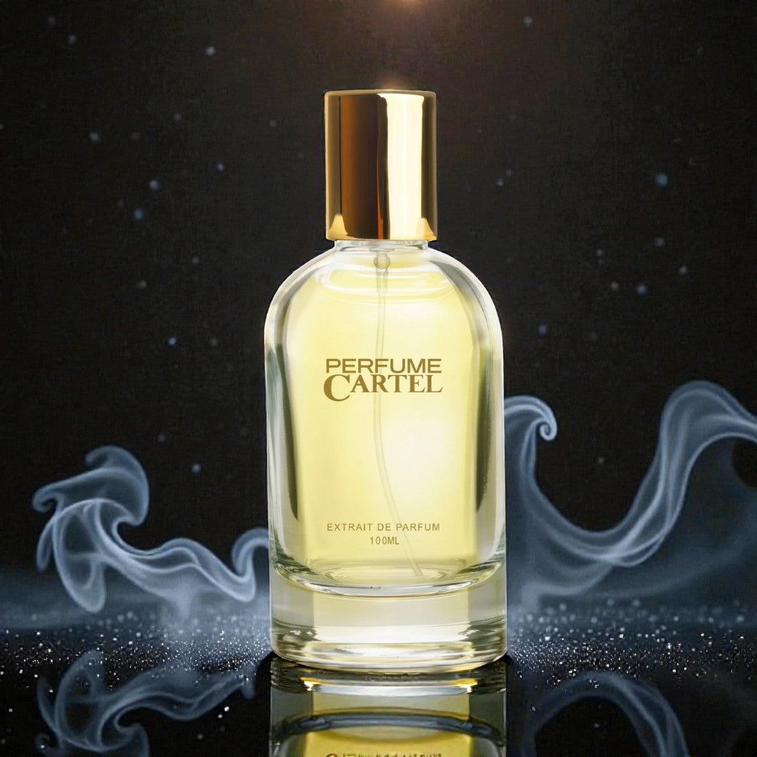 Perfume Cartel bottle with gold cap on a dark background with smoke effects