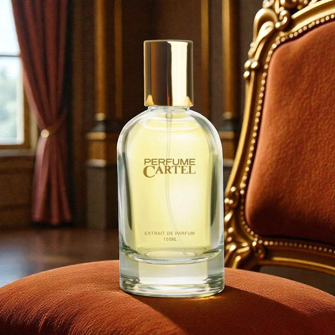 Perfume Cartel bottle on a red cushion with a classical chair and curtains in the background