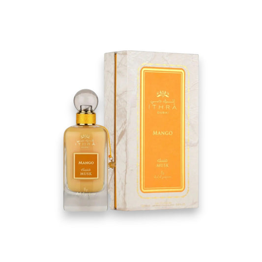 Mango Ithra musk perfume bottle and box on a white background