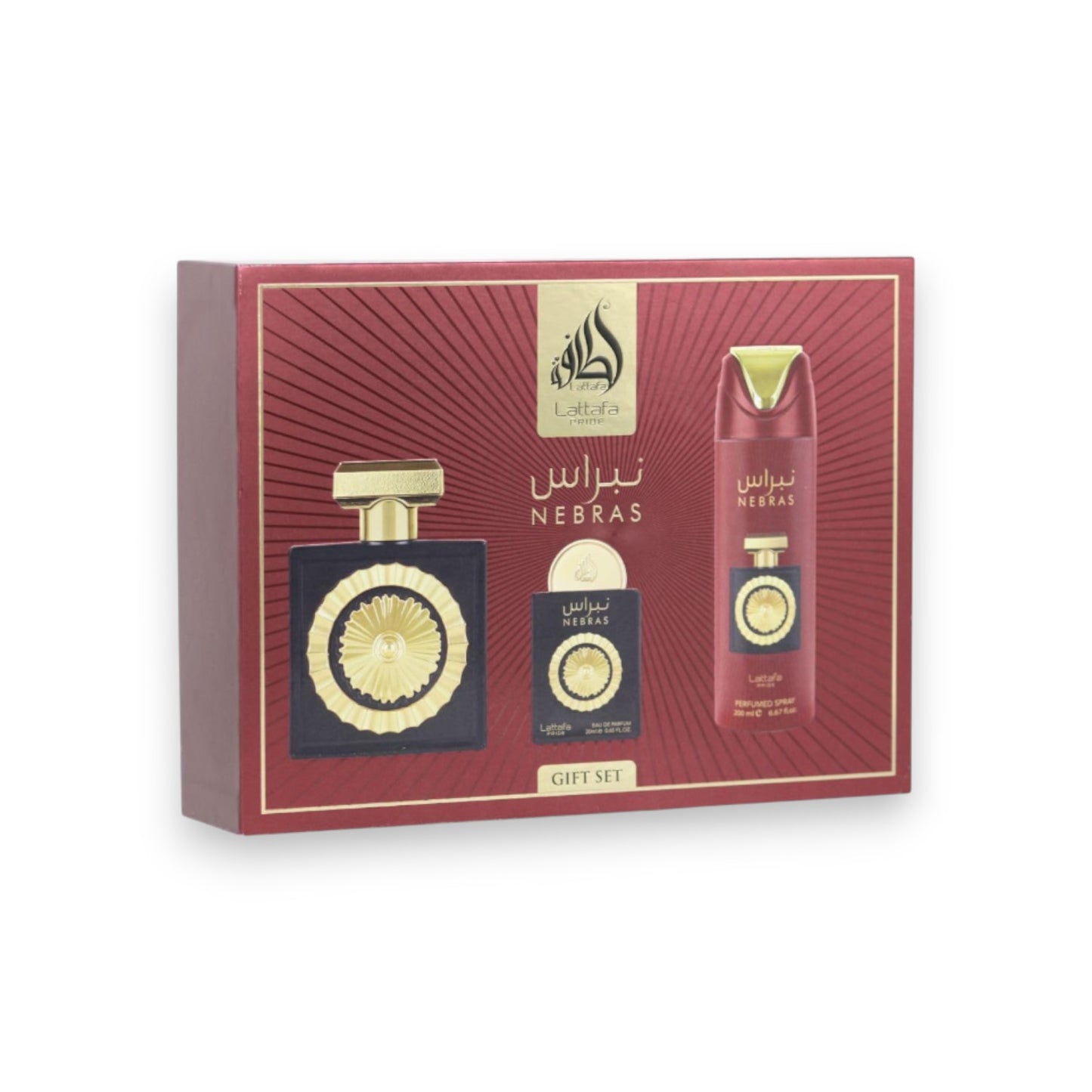 Perfume gift set with 'Nebras' branding on a red box