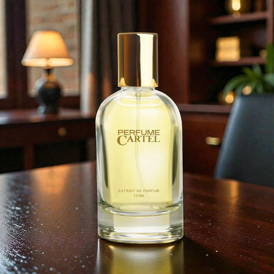 Perfume Cartel bottle on a wooden surface with a blurred background