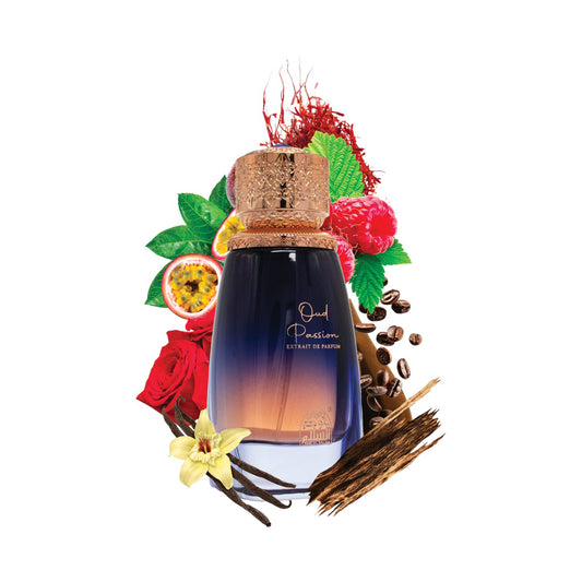 Perfume bottle with cork cap surrounded by flowers, fruits, and spices on a white background