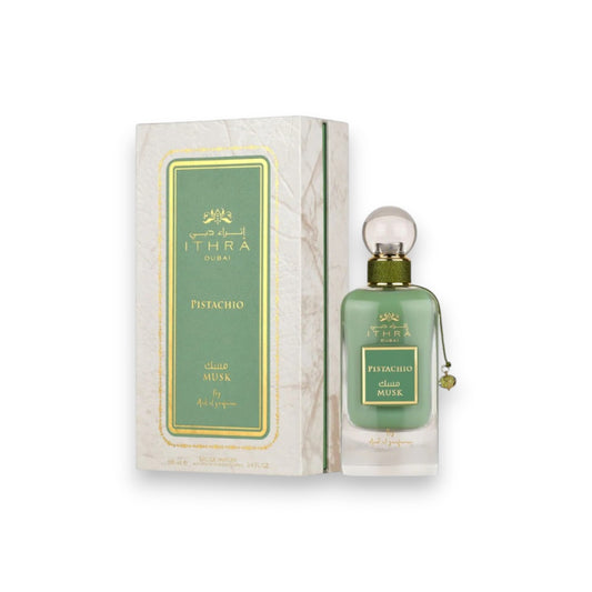 pistachio Ithra musk perfume bottle and box on a white background