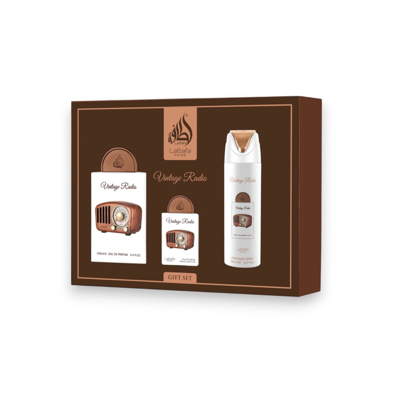 Vintage radio-themed gift set packaging with 3 bottles and one box on a white background