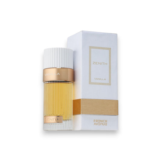 Perfume bottle and packaging with 'Zenith' branding on a white background